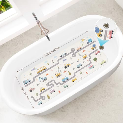 SHUCHING Baby Bath Mat for Tub Non Slip-40x16 Inch, Car and Road | Bathtub Mat for Kids & Toddler Mold Free, Long Shower Mat for Inside Shower with Suction Cup, Machine Washable - color: Car and Road
