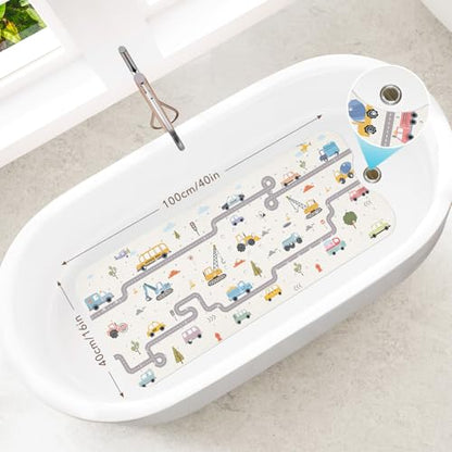 SHUCHING Baby Bath Mat for Tub Non Slip-40x16 Inch, Car and Road | Bathtub Mat for Kids & Toddler Mold Free, Long Shower Mat for Inside Shower with Suction Cup, Machine Washable - color: Car and Road
