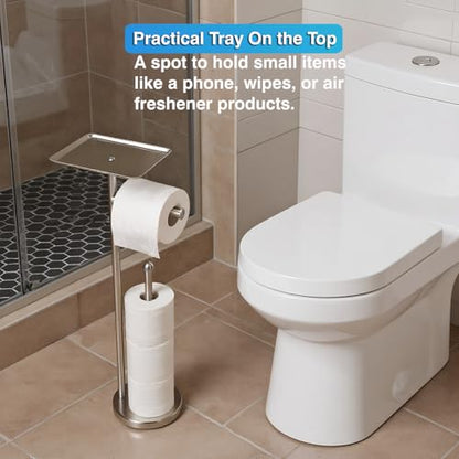 Toilet Paper Holder with Shelf, Freestanding Tissue Paper Stand with Storage Space for Extra 4 Toilet Paper Rolls (Stainless Steel Base, Brushed Nickel) - color: Brushed Nickel