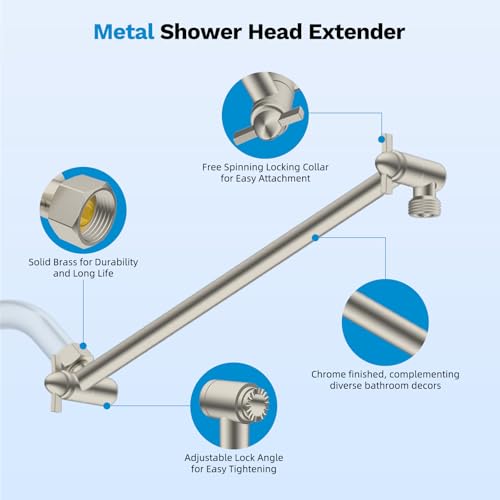 All-Metal Shower Extension Arm, G1/2" Universal 11-Inch, Brushed Nickel | Brass Flexible Shower Head Extender Height/Angle Adjustable, Stainless Steel Rain Shower Pipe Extending with Lock Joint - color: Brushed Nickel, size: 11 Inch
