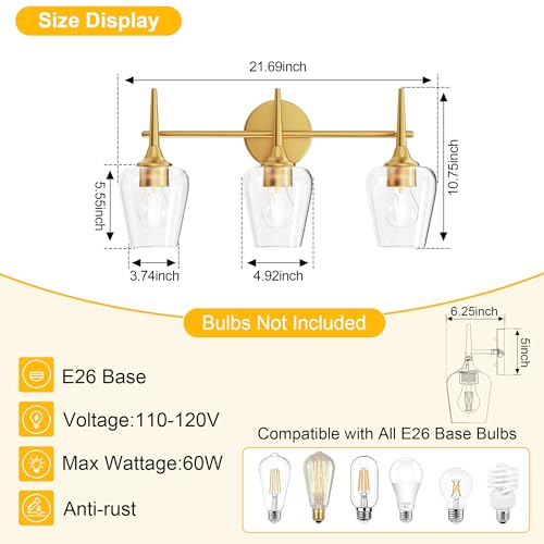 22 Inch 3-Light Gold Bathroom Vanity Light Fixtures | Wine Glass Clear Glass Wall Sconce, Modern Wall Mount Light for Bathroom, Hallway, Bedroom - color: 22 inch_Gold_3 lights