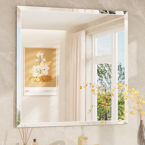 TETOTE 36" x 36" Rectangle Tempered Mirror with Frameless Beveled Edge for Vanity and Bathroom - size: 36"L x 36"W