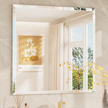 TETOTE 36" x 36" Rectangle Tempered Mirror with Frameless Beveled Edge for Vanity and Bathroom - size: 36"L x 36"W