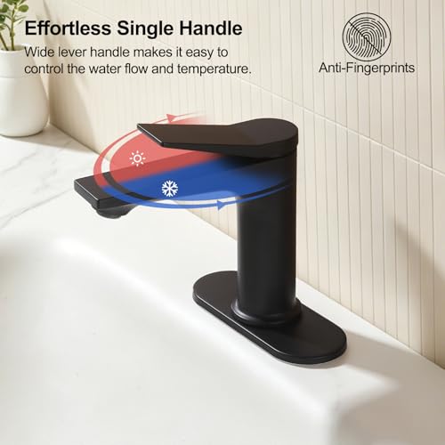 Rbrohant Single Hole Bathroom Faucet, Matte Black Single Handle Bathroom Sink Faucets for 1 Hole, Bathroom Vanity Faucet with Pop up Drain and Cover Plate, Deck Mount, R2001-MBP - color: Matte Black, style: With Escutcheon