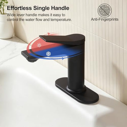 Rbrohant Single Hole Bathroom Faucet, Matte Black Single Handle Bathroom Sink Faucets for 1 Hole, Bathroom Vanity Faucet with Pop up Drain and Cover Plate, Deck Mount, R2001-MBP - color: Matte Black, style: With Escutcheon