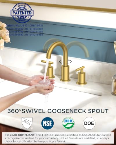 FORIOUS 8 Inch Brushed Gold Bathroom Faucet 3 Hole, Widespread Gold Faucet | Widespread Gold Sink Faucet Bathroom with 360° Swivel Spout, 2 Handle Gold Vanity Faucet 3 Holes with Water Saving Aerator - color: Brushed Gold, style: Modern