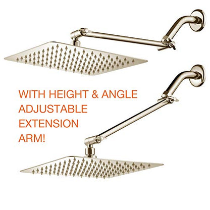 HotelSpa Giant 10" Stainless Steel Rainfall Square Showerhead with 11 inch Solid Brass Adjustable Extension Arm – Brushed Nickel Finish - color: Brushed Nickel