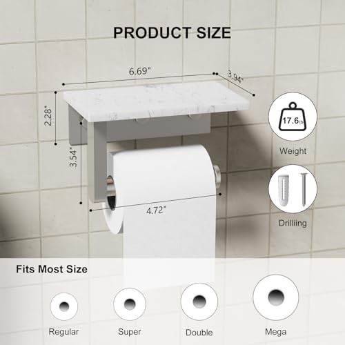 Brushed Nickel Toilet Paper Holder with Marble Shelf Tissue Roll Holder | 304 Stainless Steel Wall Mounted Toilet Paper Roll Holder Screw-Mounted Tissue Holder for Bathroom Washroom by BATHLAVISH - color: Brushed Nickel