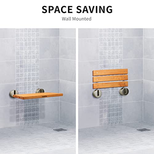 20" Luxury Teak Folding Shower Seat, Sturdy 400lb Capacity, Space-Saving Fold Down/Up Shower Bench Wall Mount, Easy Install, Brushed Nickel Fitting