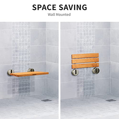 20" Luxury Teak Folding Shower Seat, Sturdy 400lb Capacity, Space-Saving Fold Down/Up Shower Bench Wall Mount, Easy Install, Brushed Nickel Fitting