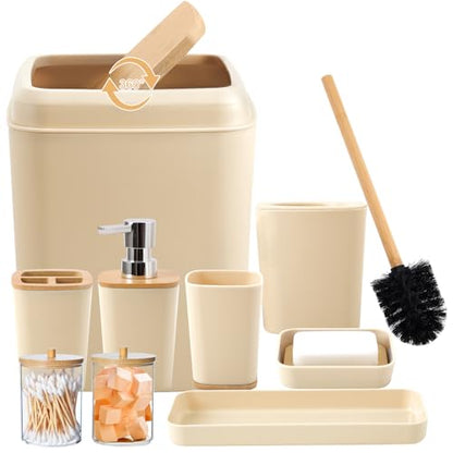 Beige Bathroom Accessories Set 9 Piece Bathroom Accessory Set with Trash Can,Toothbrush Holder,Toothbrush Cup,Lotion Soap Dispenser,Vanity Tray,Soap Dish,Toilet Brush,Qtip Holder - size: Bath Set, style: Beige