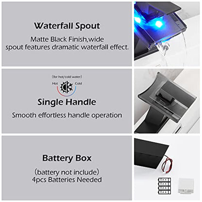 Bathroom Black Faucet Waterfall LED Glass Spout with Overflow Drain Stopper | Single Handle One Hole Deck Mount Modern Designer Basin Sink Faucet 3 Color Changing Battery Powered Lavatory Vanity - color: Black, style: LED with Drain