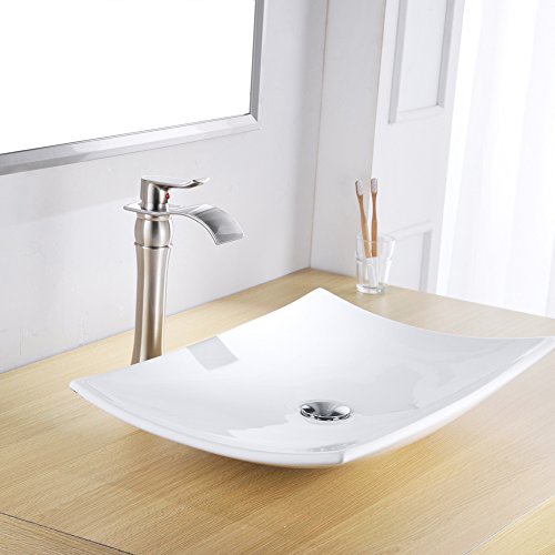BWE Brushed Nickel Bathroom Vessel Sink Faucet 1 Hole, Modern Style | Single Handle, Wide Waterfall Spout, Ceramic Cartridge, Solid Brass Body, Pop-Up Drain & Water Line Included, Easy Install, - color: Brushed Nickel
