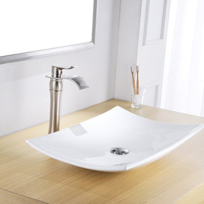 BWE Brushed Nickel Bathroom Vessel Sink Faucet 1 Hole, Modern Style | Single Handle, Wide Waterfall Spout, Ceramic Cartridge, Solid Brass Body, Pop-Up Drain & Water Line Included, Easy Install, - color: Brushed Nickel