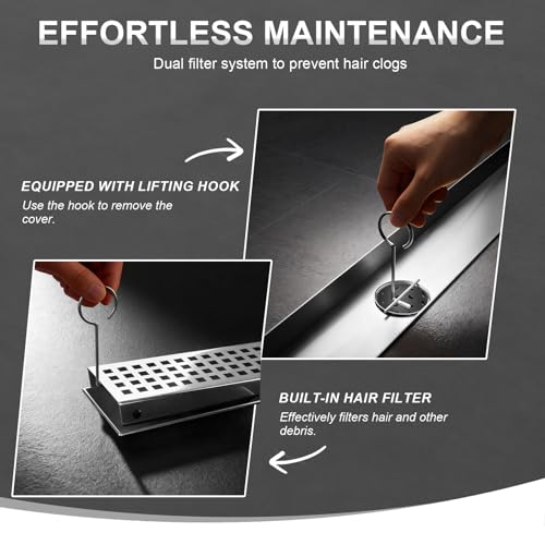 Linear Shower Drain - 12 Inch Brushed Nickel, with Grate Removable | AISI 304 Stainless Steel Shower Drain with Adjustable Feet, Hair Catcher, Rectangle Shower Floor Drain Fits Bathroom, Balcony - color: Brushed Nickel, size: 12 Inch