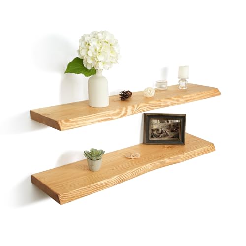 36 Inch Wooden Floating Shelves for Wall Set of 2, Finnish Spruce Solid Wood Shelf, Natural Wood Floating Shelves for Living Room, Bathroom, Bedroom, Kitchen, Natural Finish - color: Natural, size: Live Edge, 36"L, 2Packs