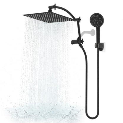 Hibbent All Metal 12" High Pressure Rain Shower Head Combo, Matte Black | cUPC Certified Rainfall Shower Head with handheld 10 Sprays, 16'' Adjustable Extension Arm, 71'' Hose, Showerhead Holder - color: Matte Black, style: Square 12''