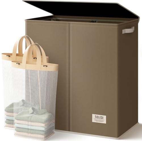 SOLEDI Large Double Laundry Hamper with Lid, Collapsible Clothes Hamper 2 section with Removable Bags, Space-Saving Laundry Basket for Bedroom, Dorm, College - color: Chocolate Brown, size: 145l