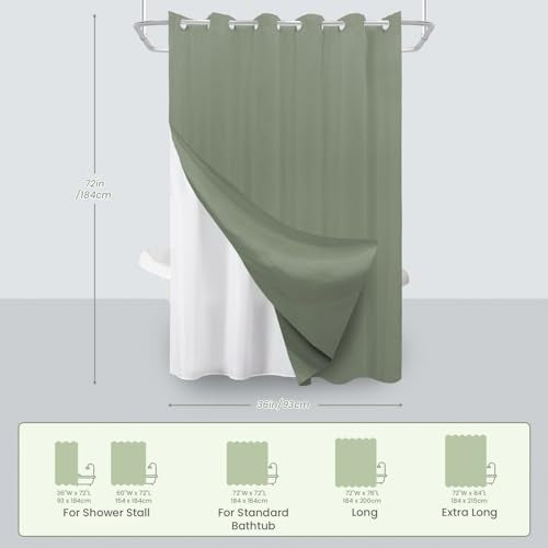 Inhousolu No Hook Shower Curtain with Removable Snap-in Liner, Waffle Weave 230 GSM Polyester, Weighted Hem, Water Repellent Washable, 36 x 72 Inch, Sage Green - color: Sage Green, size: 36"W x 72"L (Pack of 1)