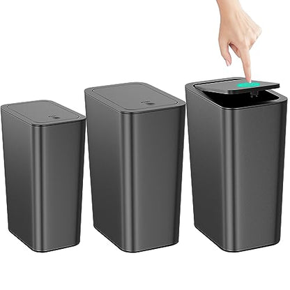 N. NETDOT Bathroom Trash Can with Lid 3 Pack Set, 2 Packs 4 Gal Slim Kitchen Trash Bin and 1 Pack 2.6Gal Garbage Can, Small Trash Can/Trash Bin/Waste Basket for Bedroom (Black, Pack of 3) - color: Black, size: 2 X 4 Gal & 1 X 2.6 Gal