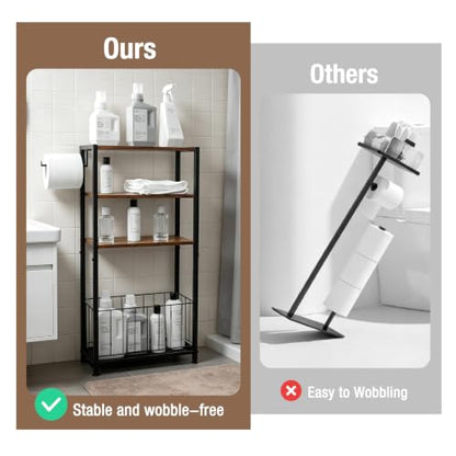 Freestanding Toilet Paper Holder with Storage Wood Shelf Adjustable Feet | Bathroom Toilet Paper Stand Holder with Extra Roll Storage Basket Narrow Side Tissue Holder For Bathroom Laundry Room