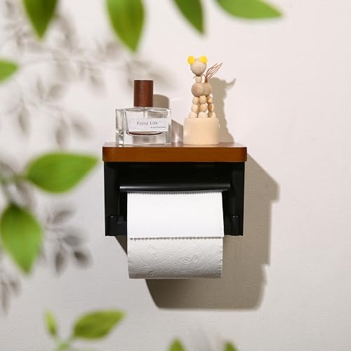 Black and Wood Toilet Paper Holder with Shelf, Natural Wood Wall Mounted Toilet Paper Holder, Rustic Dark Toilet Paper Holder - color: Wood Brown&black, size: Single
