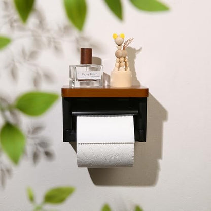 Black and Wood Toilet Paper Holder with Shelf, Natural Wood Wall Mounted Toilet Paper Holder, Rustic Dark Toilet Paper Holder - color: Wood Brown&black, size: Single