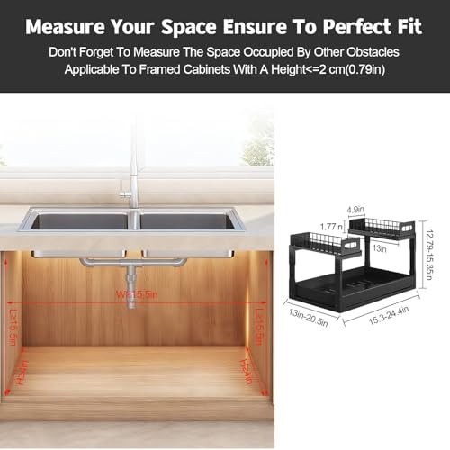 Expandable under cabinet organizer, 2-Tier under sink organizer with Reinforced Ball-Bearing slide rail, Slide-Out sink Shelf Height Adjustable, Durable and rust-proof for Kitchen & Bathroom