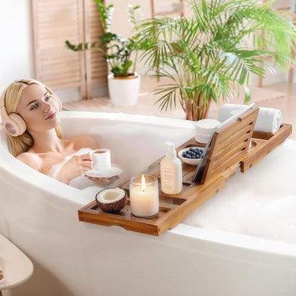 Teak Bathtub Tray for Tub, Expandable Bath Tray 28–40in, Foldable Bathtub Caddy with Wine Glass Holder, Phone & Book Stand, Wooden Bath Tray Organizer, Luxury Bathroom Accessories Gift - Light Walnut - color: Light Walnut - Solid Teak Wood