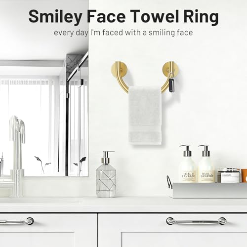 Brushed Gold Smiley Face Towel Ring Bathroom Hand Towel Holder Stainless Steel Wall-Mounted Bathroom Hardware Accessories Towel Rack - color: Brushed Gold