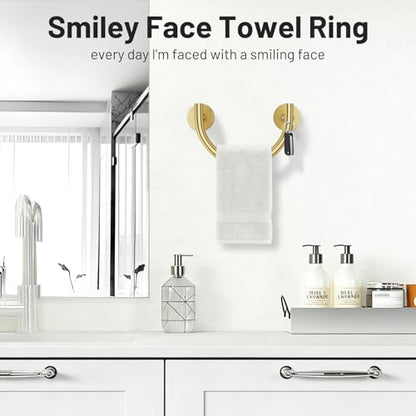 Brushed Gold Smiley Face Towel Ring Bathroom Hand Towel Holder Stainless Steel Wall-Mounted Bathroom Hardware Accessories Towel Rack - color: Brushed Gold