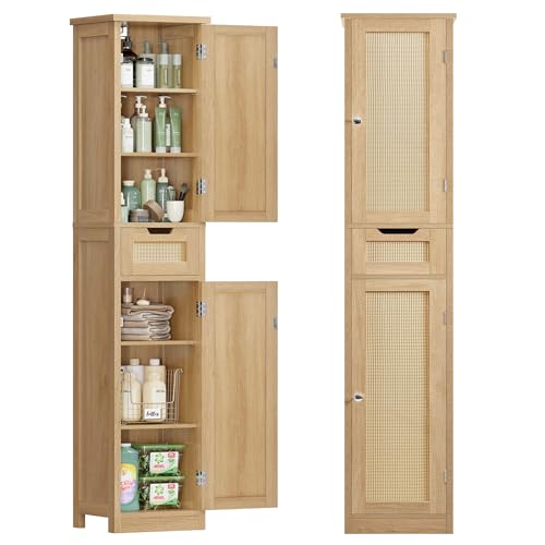 Iwell Tall Bathroom Cabinet, Slim Narrow Storage Cabinet with Adjustable Shelves, Rattan Cabinets with 1 Drawer, for Bathroom, Living Room, Entryway, Kitchen, Nature - color: Natural,1drawer