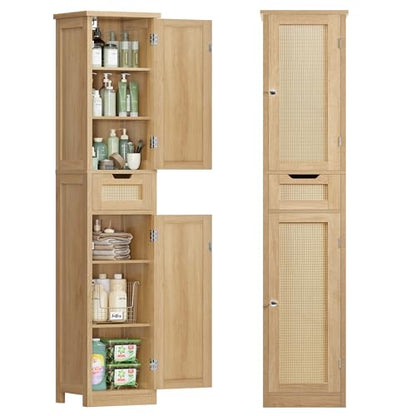 Iwell Tall Bathroom Cabinet, Slim Narrow Storage Cabinet with Adjustable Shelves, Rattan Cabinets with 1 Drawer, for Bathroom, Living Room, Entryway, Kitchen, Nature - color: Natural,1drawer