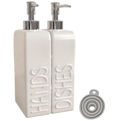 Ceramic Dish and Hand Soap Dispenser Set, 2 Pack with Stainless Steel Pump | Refillable bottles with an included funnel for easy refills and daily use, adding a stylish touch to kitchens and bathrooms. - color: Matte White, Silver Pump