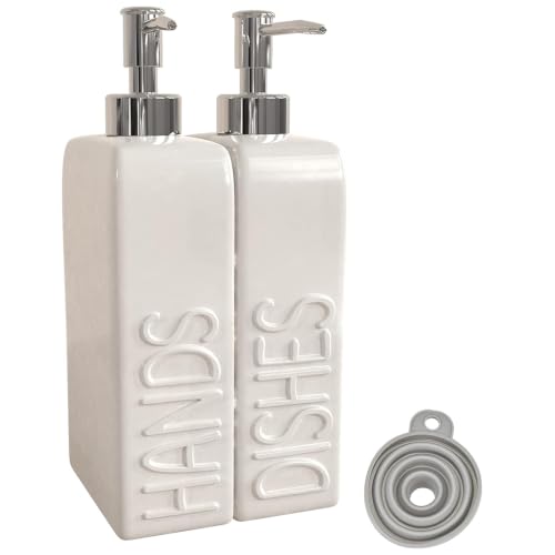 Ceramic Dish and Hand Soap Dispenser Set, 2 Pack with Stainless Steel Pump | Refillable bottles with an included funnel for easy refills and daily use, adding a stylish touch to kitchens and bathrooms. - color: Matte White, Silver Pump