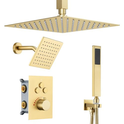 Thermostatic Dual Shower Head System, Brushed Gold Shower Faucet | 12 Inch Ceiling Rainfall Shower, 6 Inch Wall Mount Head, High Pressure Handheld Sprayer, Push Button Valve - color: Brushed Gold