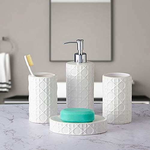 CAA'S Bathroom Accessories Set Ceramic 4 Pieces Bathroom Ensemble for Bath Decor Includes Lotion Dispenser Toothbrush Holder Tumbler Soap Dish (White Netting) - style: Luxury,Elegant