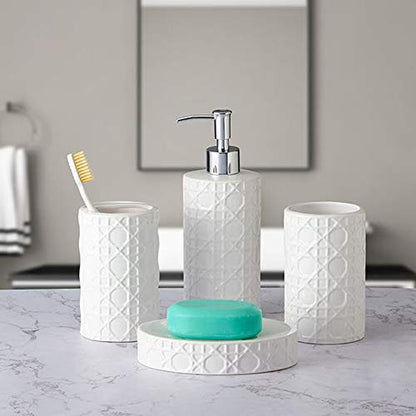 CAA'S Bathroom Accessories Set Ceramic 4 Pieces Bathroom Ensemble for Bath Decor Includes Lotion Dispenser Toothbrush Holder Tumbler Soap Dish (White Netting) - style: Luxury,Elegant