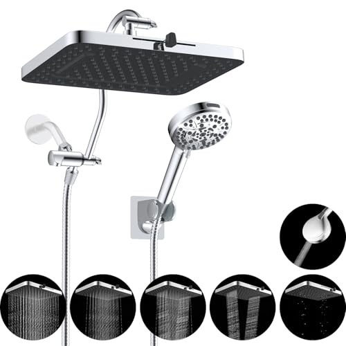 Hibbent 13'' 5-spray Rain Shower Head with 10-Spray Handheld, Chrome | cUPC Certified High Pressure Dual Showerhead Combo, Upgraded Rainfall Shower Head, 12'' Extension Arm, 71'' Hose & Holder - color: Chrome, style: Square 13''