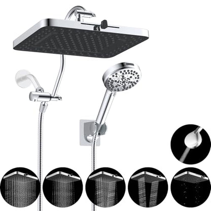 Hibbent 13'' 5-spray Rain Shower Head with 10-Spray Handheld, Chrome | cUPC Certified High Pressure Dual Showerhead Combo, Upgraded Rainfall Shower Head, 12'' Extension Arm, 71'' Hose & Holder - color: Chrome, style: Square 13''