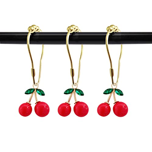 Set of 12 Cherries Shower Curtain Hooks Rings, Red Cherry Pendant Decoration, Fruit Style for Kids Bathroom, Stainless Steel Hooks Rustproof (Red-Cherry)