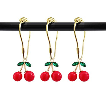 Set of 12 Cherries Shower Curtain Hooks Rings, Red Cherry Pendant Decoration, Fruit Style for Kids Bathroom, Stainless Steel Hooks Rustproof (Red-Cherry)