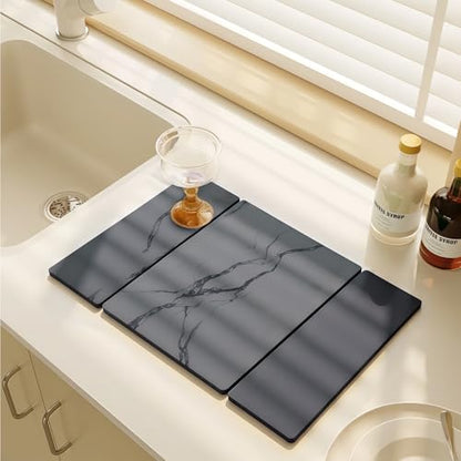Large Stone Drying Mat for Kitchen Counter, 24"x16" Collapsible Quick Dry Dish Drying Mat, Water-Absorbent Marble Diatomaceous Earth Mats for Bottles Cups Dishes, Match Any Countertop - color: Gray