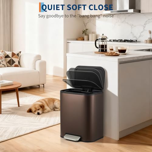 GarveeHome Brown Kitchen Trash Can, 5.3 Gal Stainless Steel Garbage Can | Soft Close Lid, Foot Pedal & Removable Inner Bucket, Rectangular Step On Waste Bin for Office Bedroom - color: Brown, size: 20 L