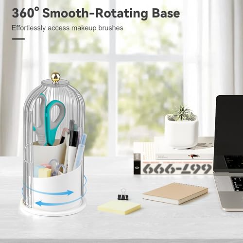 Makeup Brush Holder 360° Rotating Countertop Organizer with Lid Transparent | Transparent Sealed Lid, Waterproof, 3 Compartments, 180° Side Pull Door, for Vanity Makeup Brushes & Bathroom Toothbrushes - color: Transparent