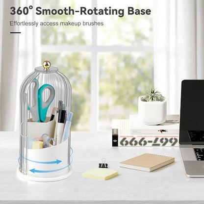Makeup Brush Holder 360° Rotating Countertop Organizer with Lid Transparent | Transparent Sealed Lid, Waterproof, 3 Compartments, 180° Side Pull Door, for Vanity Makeup Brushes & Bathroom Toothbrushes - color: Transparent