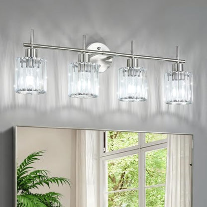 Brushed Nickel Bathroom Light Fixtures, Round, 4-Light | Vanity Lights with Crystal Shades, Modern Bathroom Lighting Fixtures over Mirror (Bulbs Not Included, E26) - color: Brushed Nickel (Round), size: 4-Light