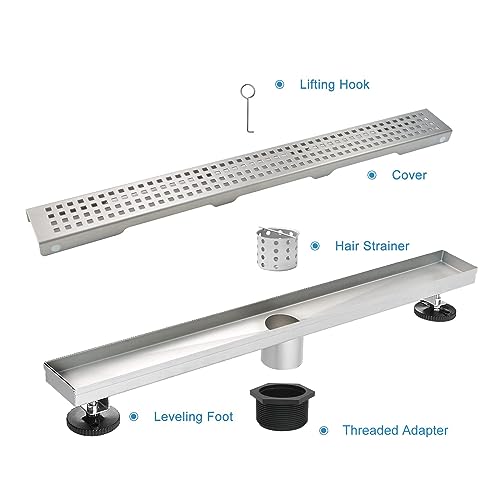 40 inch Linear Shower Drain Brushed Silver with Grate Removable | Square Hole Panel,AISI 304 Stainless Steel Fast Drainage Rectangle Hidden Shower Trench,Detachable Hair Catcher,Leveling Feet - color: Stainless Steel, size: 40 inch+No Base