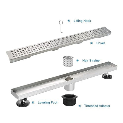 40 inch Linear Shower Drain Brushed Silver with Grate Removable | Square Hole Panel,AISI 304 Stainless Steel Fast Drainage Rectangle Hidden Shower Trench,Detachable Hair Catcher,Leveling Feet - color: Stainless Steel, size: 40 inch+No Base