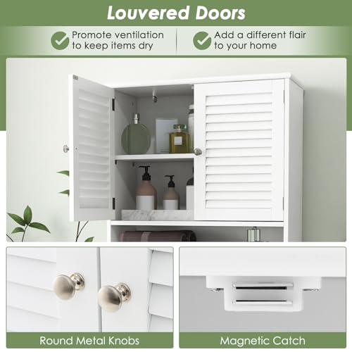 Tangkula Over The Toilet Storage Cabinet, Above Toilet Bathroom Shelf w/Double Doors & Adjustable Shelf, Freestanding Toilet Shelf Space Saver w/Anti-Tip Kits & Adjustable Bottom Bar, 63" H (White)